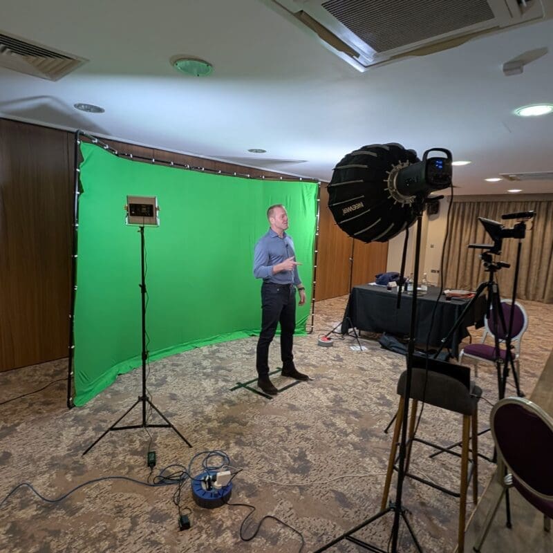 Visual Punch filming setup with green screen and studio lighting